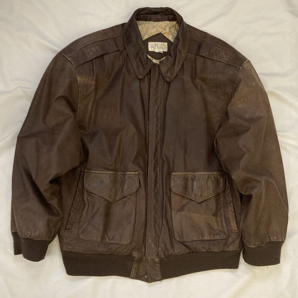 Vintage 80s St Malo Brown Leather Bomber Jacket Map Lining Womens Size Large